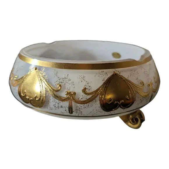 VTG Bohemian Czech Opaline Glass Bowl with Gold Motif Smoke Bowl/Candy Bowl READ - Picture 8 of 16